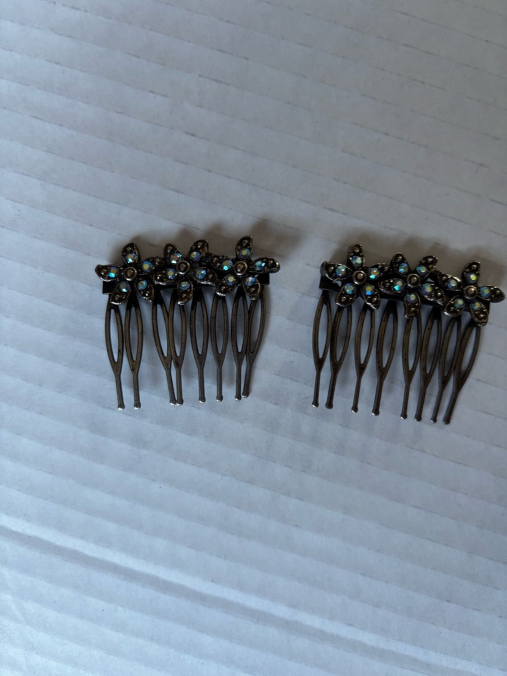 Iridescent Crystal Flower Hair Comb Set - Antique Silver Finish vintage